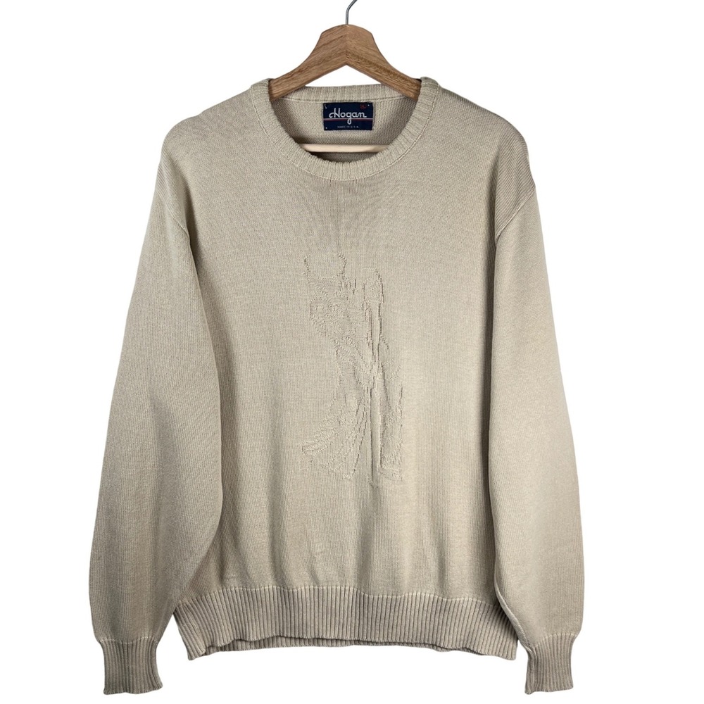 Vtg Hogan Mens XL Tan‎ Crew Neck Sweater Golf Golfer Graphic Knit Made in USA